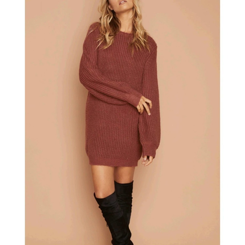 MINKPINK Mulberry Brown One Sided Jumper Long Sleeve Ribbed Knit Sweater Dress